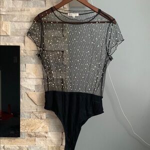 Hot &Delicious  Black Sheer  with Pearl Accents bodysuit